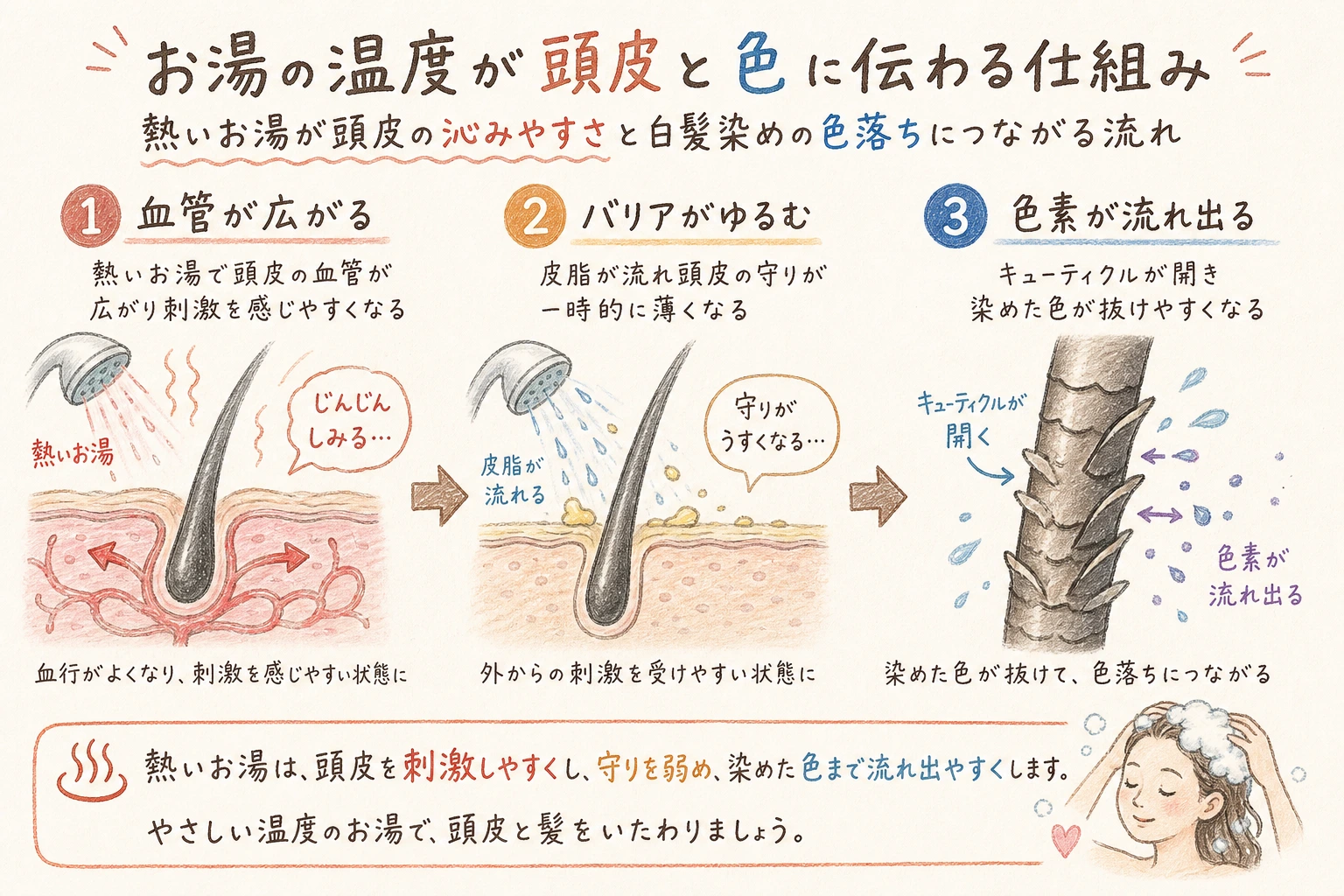 お湯の温度が頭皮と色に伝わる仕組み｜熱いお湯が頭皮の沁みやすさと白髪染めの色落ちにつながる流れ