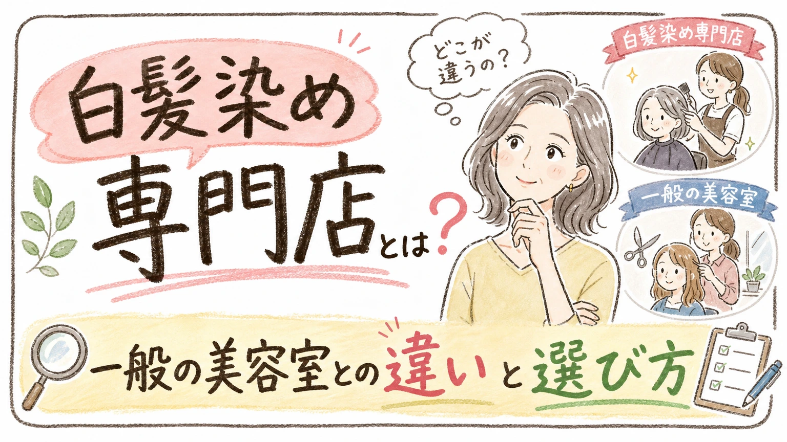 白髪染め専門店とは?一般の美容室との違いと後悔しない選び方の内容を示すアイソメトリック図解