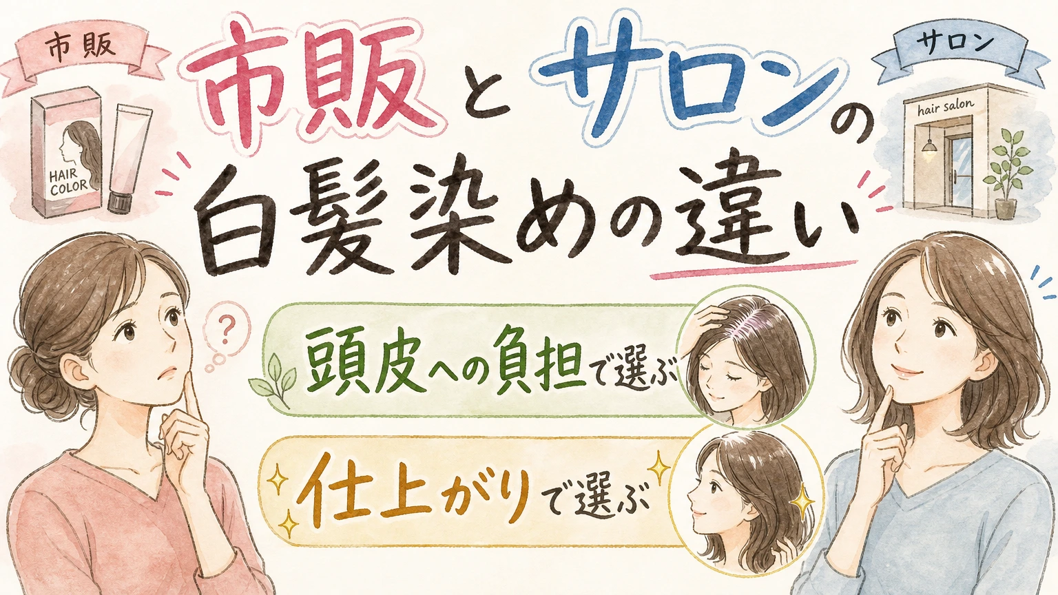 市販の白髪染めとサロンの白髪染めの違い|頭皮への負担と仕上がりで選ぶの内容を示すアイソメトリック図解