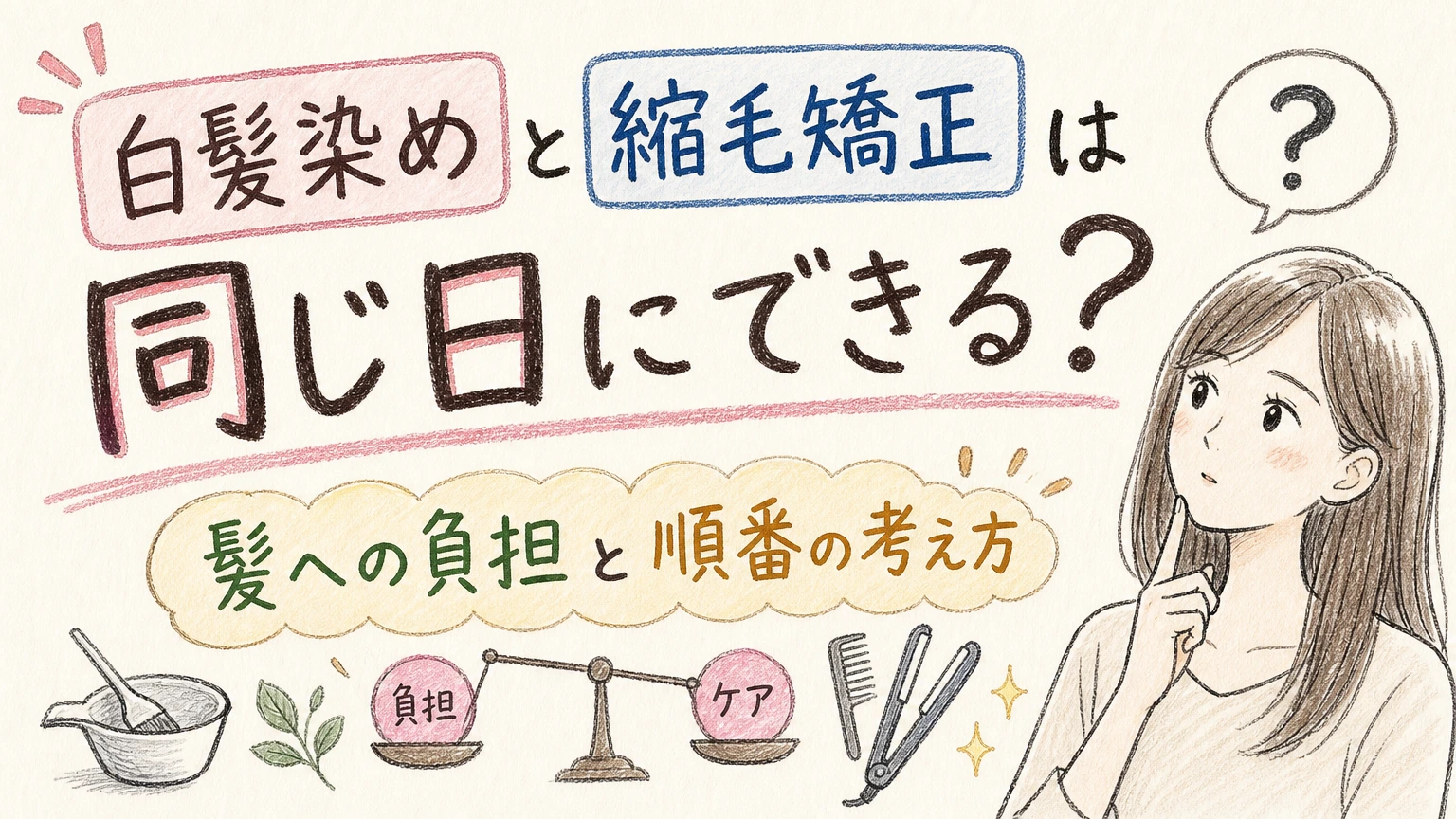 白髪染めと縮毛矯正は同じ日にできる?髪への負担と順番の考え方の内容を示すアイソメトリック図解