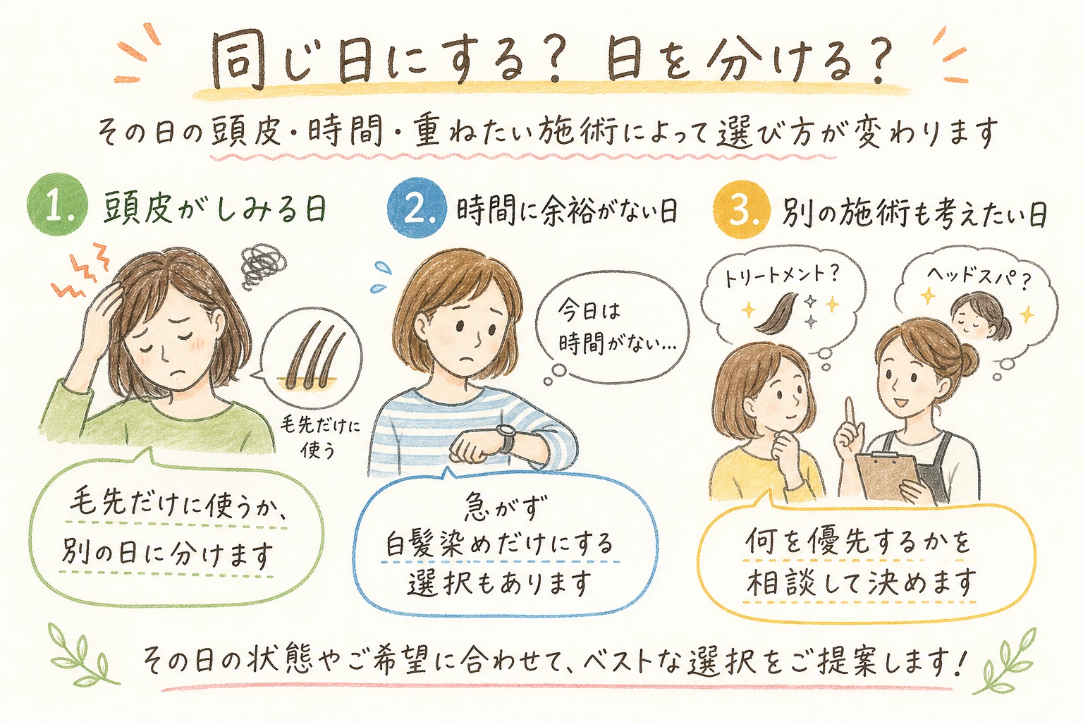 同じ日にする?日を分ける?|その日の頭皮・時間・重ねたい施術によって選び方が変わります