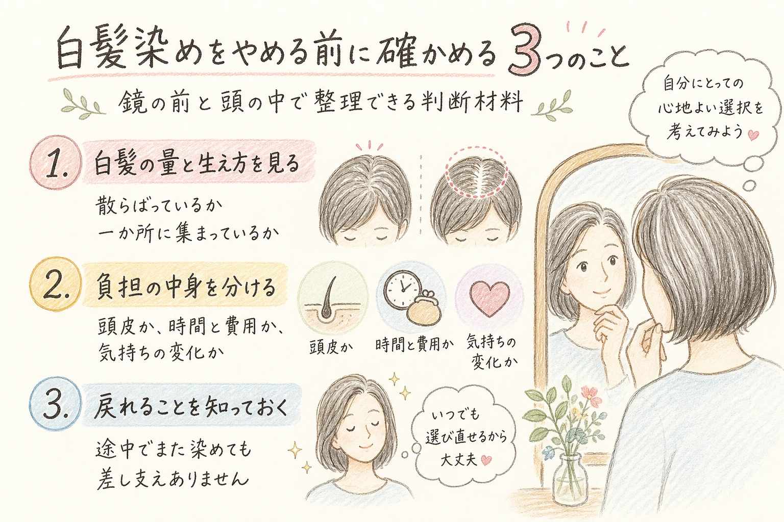 白髪染めをやめる前に確かめる3つのこと|鏡の前と頭の中で整理できる判断材料