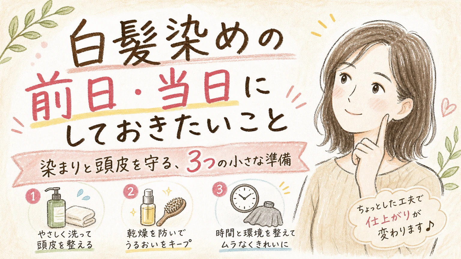 白髪染めの前日・当日にしておきたいこと|染まりと頭皮を守る準備の内容を示すアイソメトリック図解