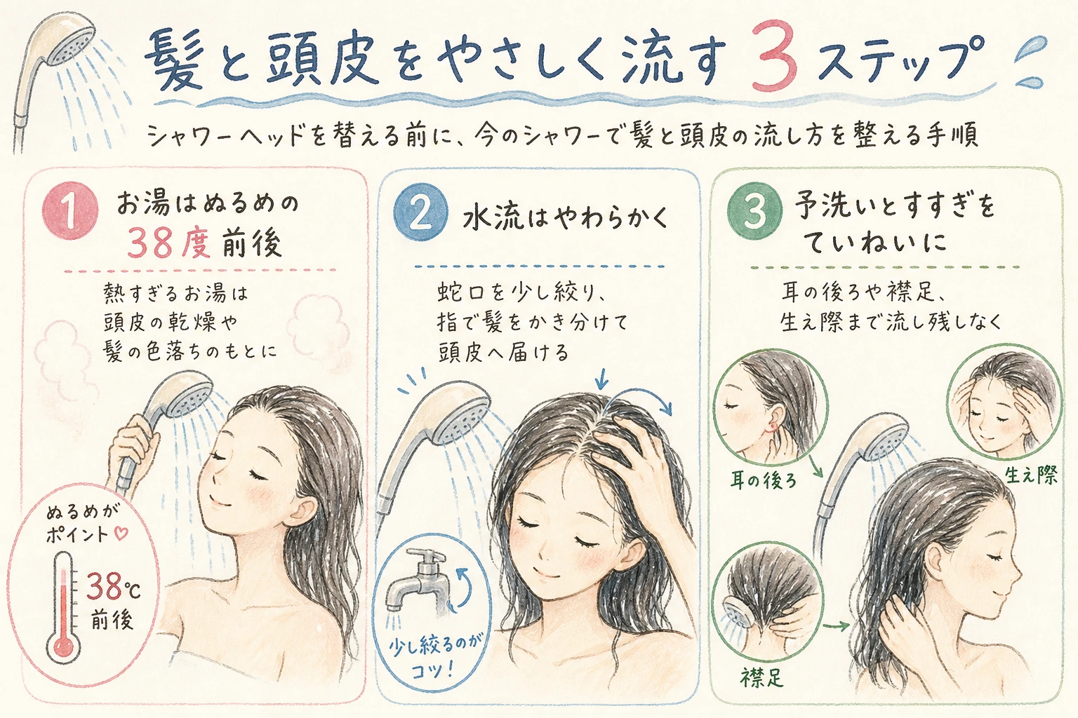 髪と頭皮をやさしく流す3ステップ|シャワーヘッドを替える前に、今のシャワーで髪と頭皮の流し方を整える手順