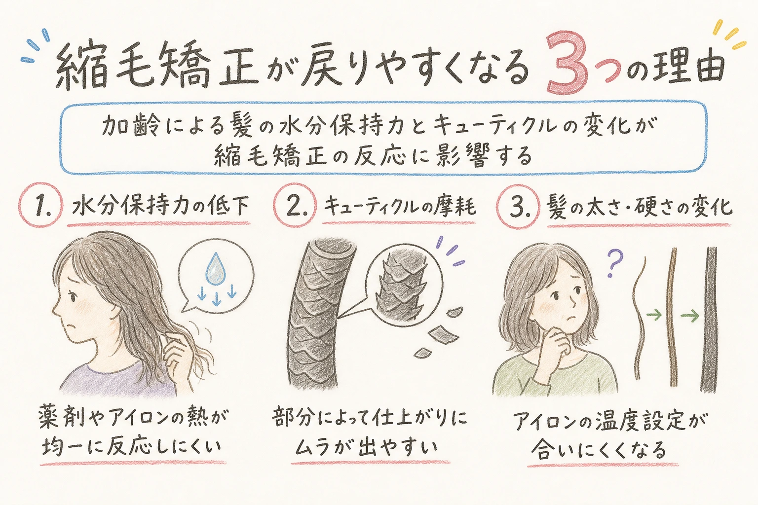 縮毛矯正が戻りやすくなる3つの理由｜加齢による髪の水分保持力とキューティクルの変化が縮毛矯正の反応に影響する