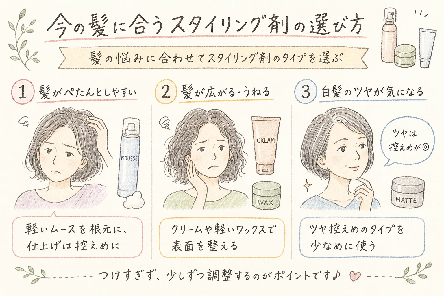 今の髪に合うスタイリング剤の選び方|髪の悩みに合わせてスタイリング剤のタイプを選ぶ