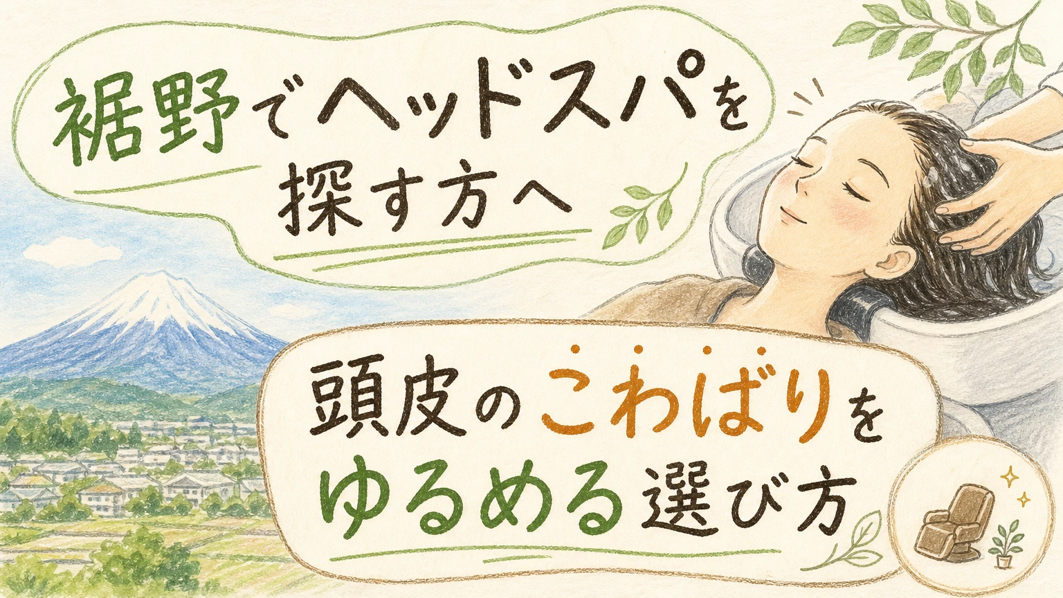 裾野でヘッドスパを探す方へ|頭皮のこわばりをゆるめる選び方の内容を示すアイソメトリック図解