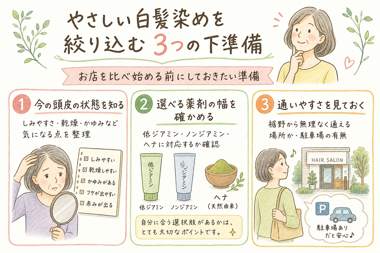 やさしい白髪染めを絞り込む3つの下準備|お店を比べ始める前にしておきたい準備