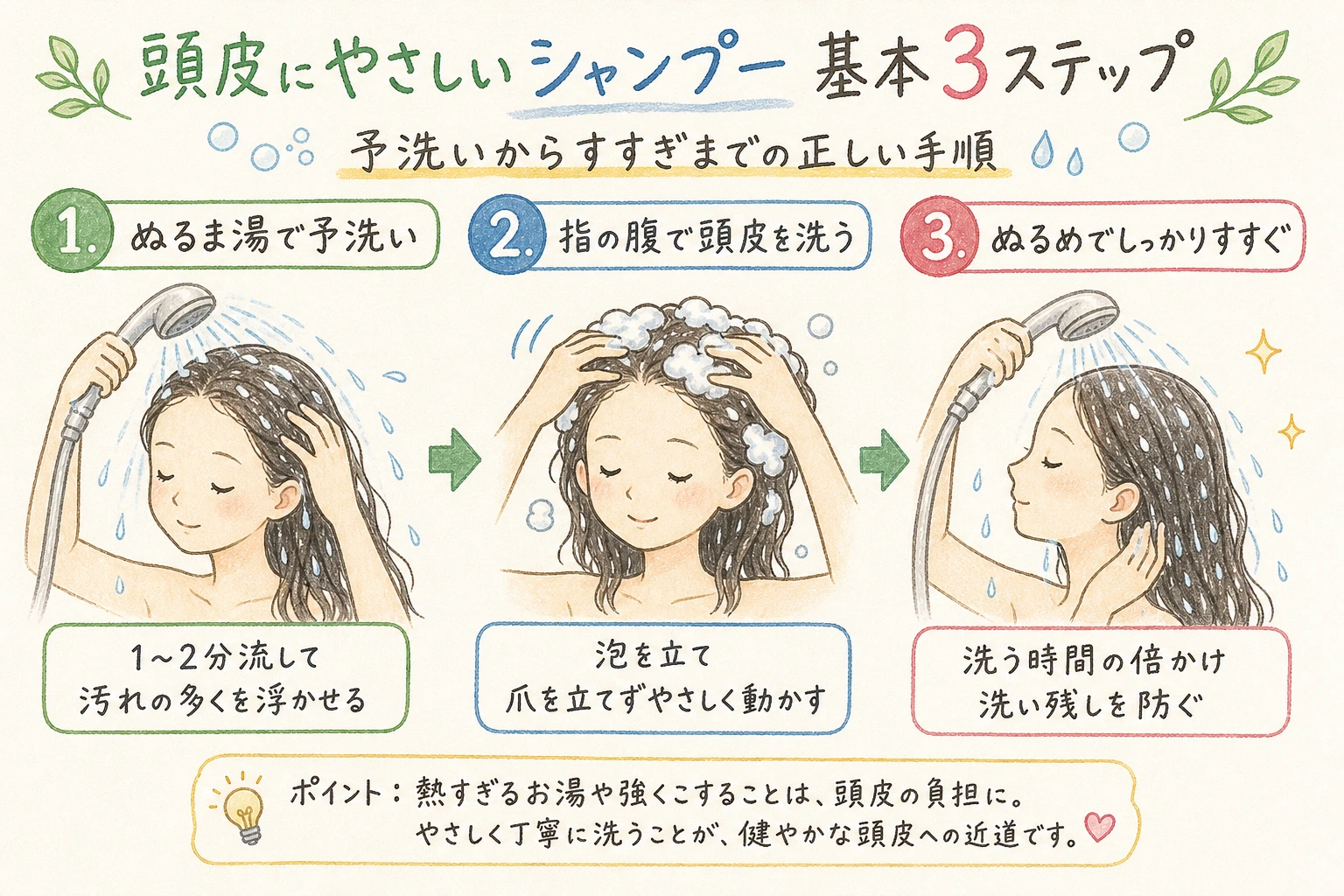 頭皮にやさしいシャンプー基本3ステップ|予洗いからすすぎまでの正しい手順