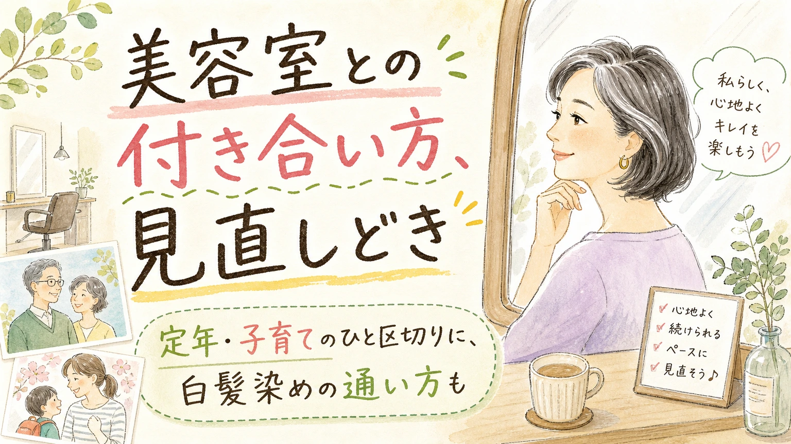 定年・子育てのひと区切りに|美容室と白髪染めの見直しどきの内容を示すアイソメトリック図解