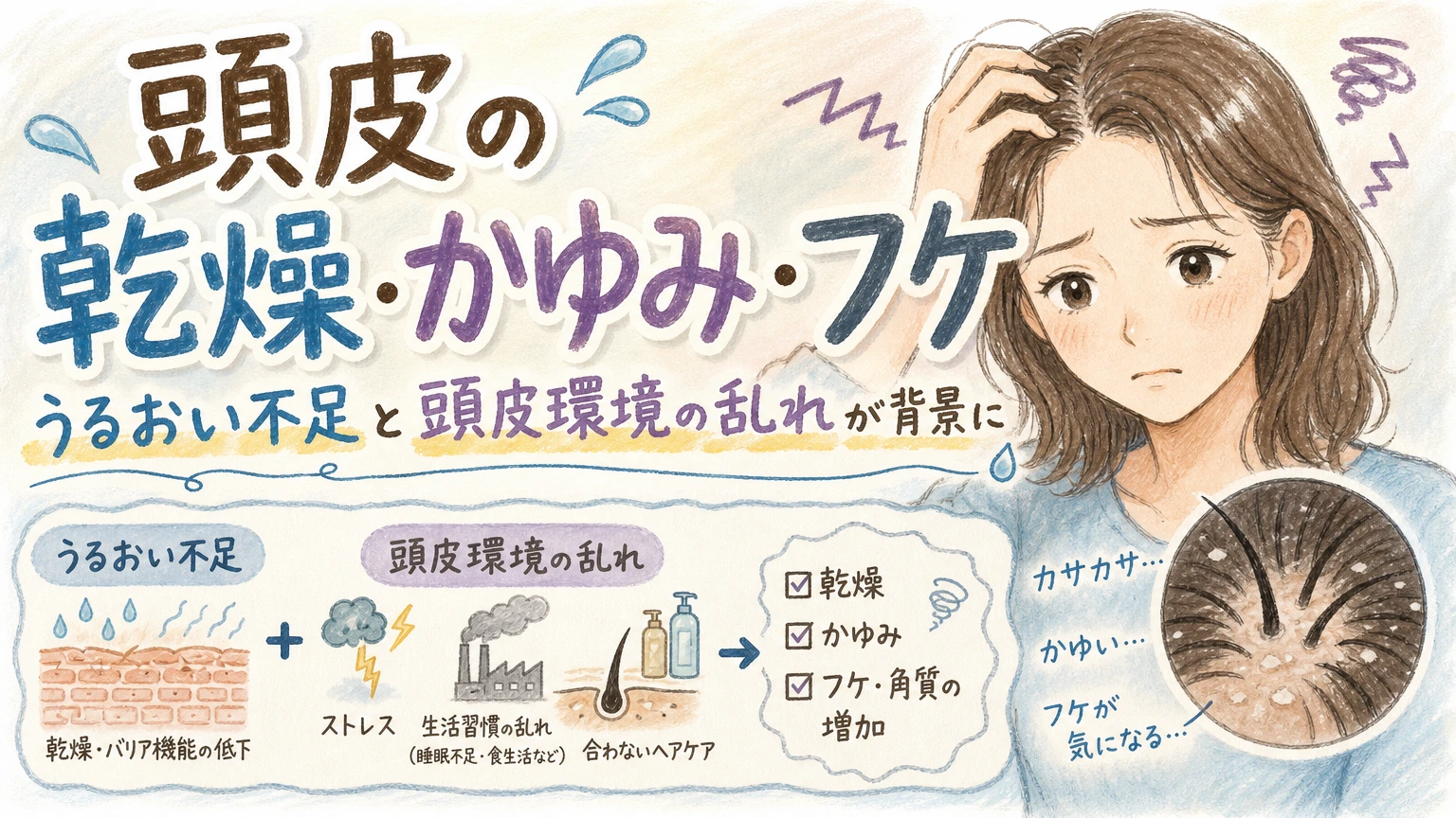 頭皮の乾燥・かゆみ・フケが気になる方へ|40〜60代の頭皮ケアの内容を示すアイソメトリック図解