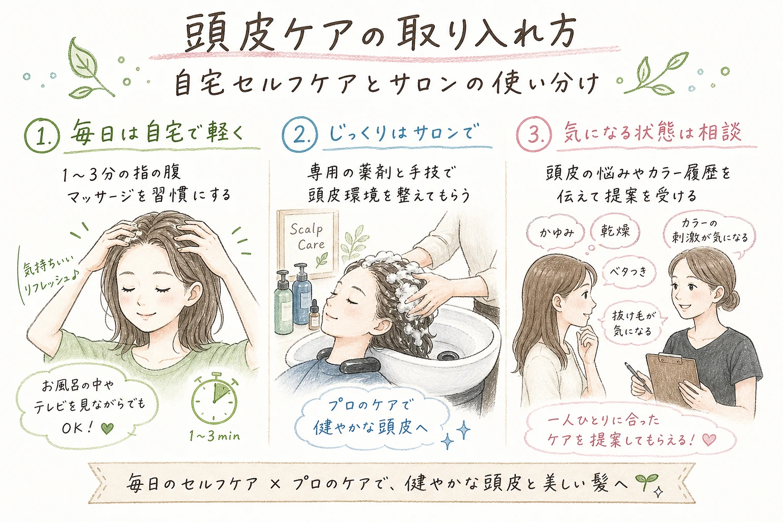 頭皮ケアの取り入れ方|自宅セルフケアとサロンの使い分け