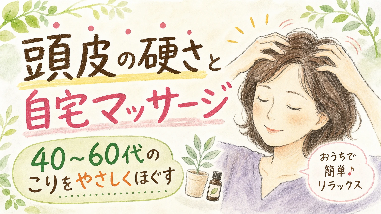 頭皮が硬いと感じる方へ|40〜60代のこりと自宅頭皮マッサージの内容を示すアイソメトリック図解