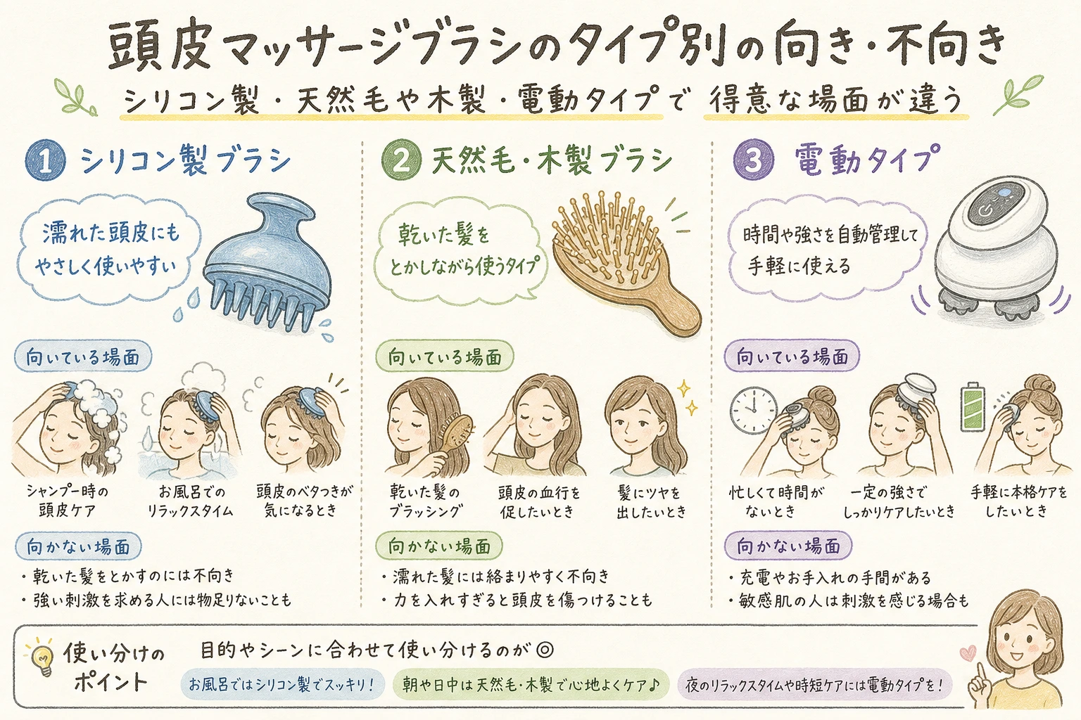 頭皮マッサージブラシのタイプ別の向き・不向き|シリコン製・天然毛や木製・電動タイプで得意な場面が違う