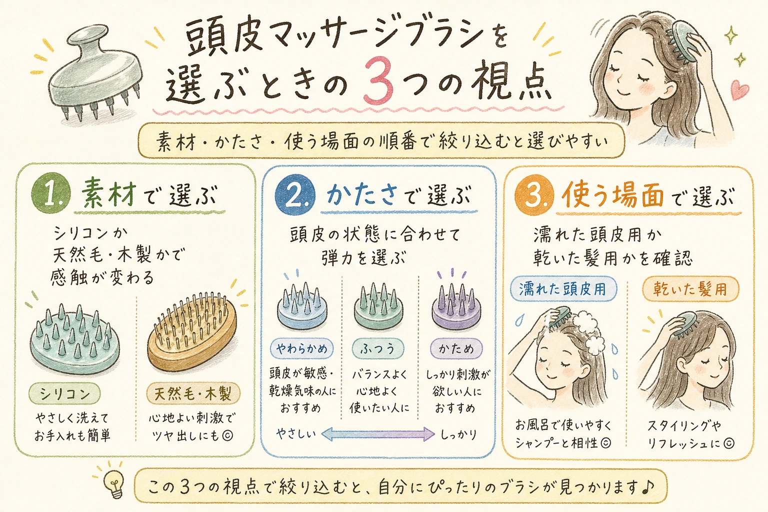 頭皮マッサージブラシを選ぶときの3つの視点|素材・かたさ・使う場面の順番で絞り込むと選びやすい