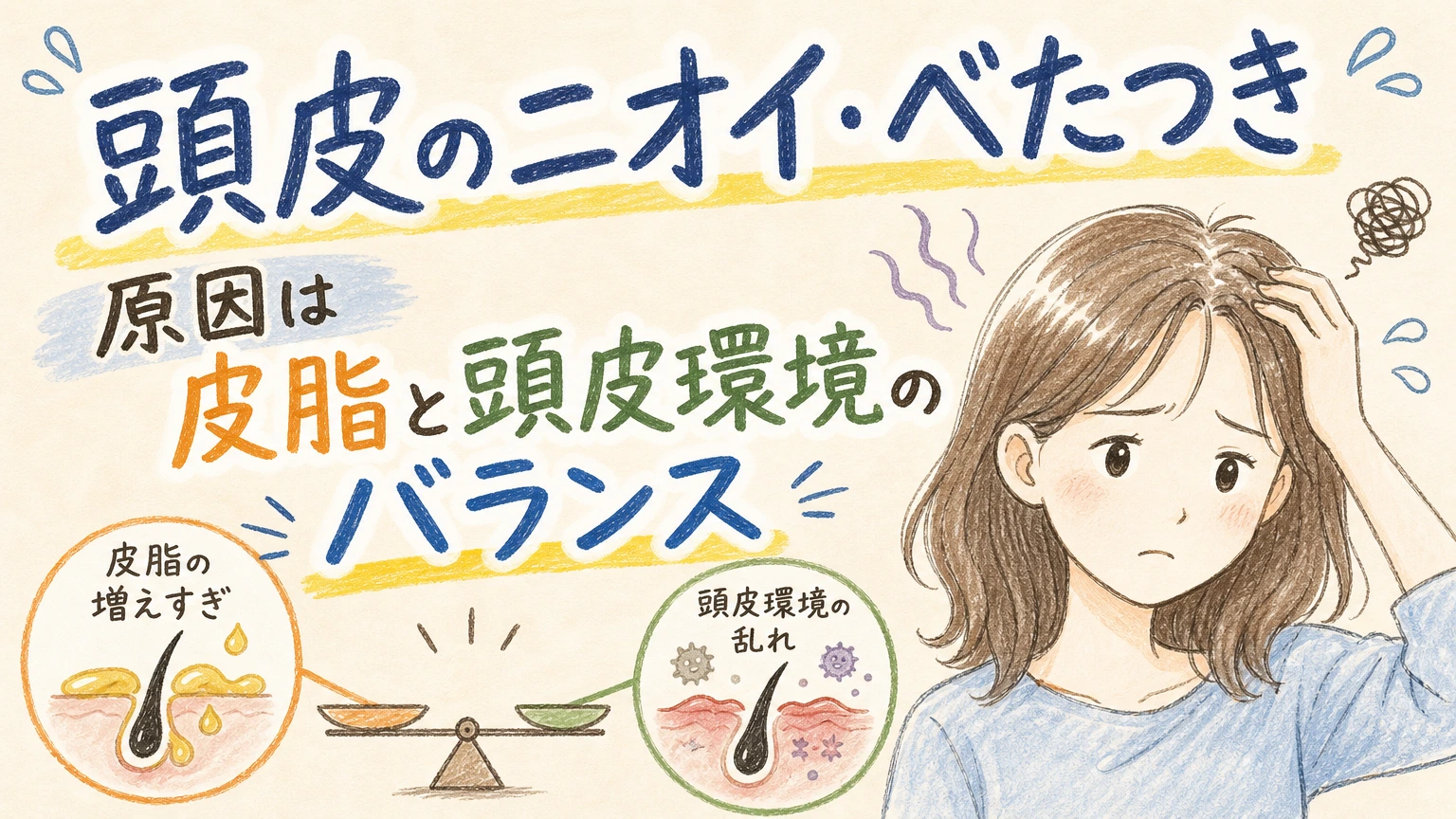 頭皮のニオイ・べたつきが気になる方へ|原因と毎日の頭皮ケアの内容を示すアイソメトリック図解