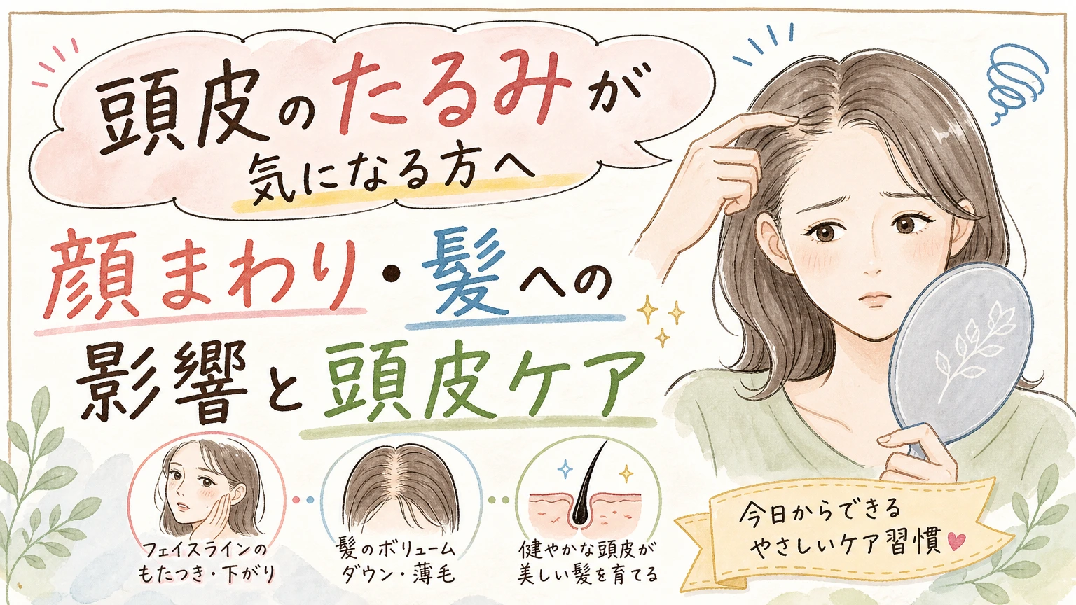 頭皮のたるみが気になる方へ|顔まわり・髪への影響と頭皮ケアの内容を示すアイソメトリック図解
