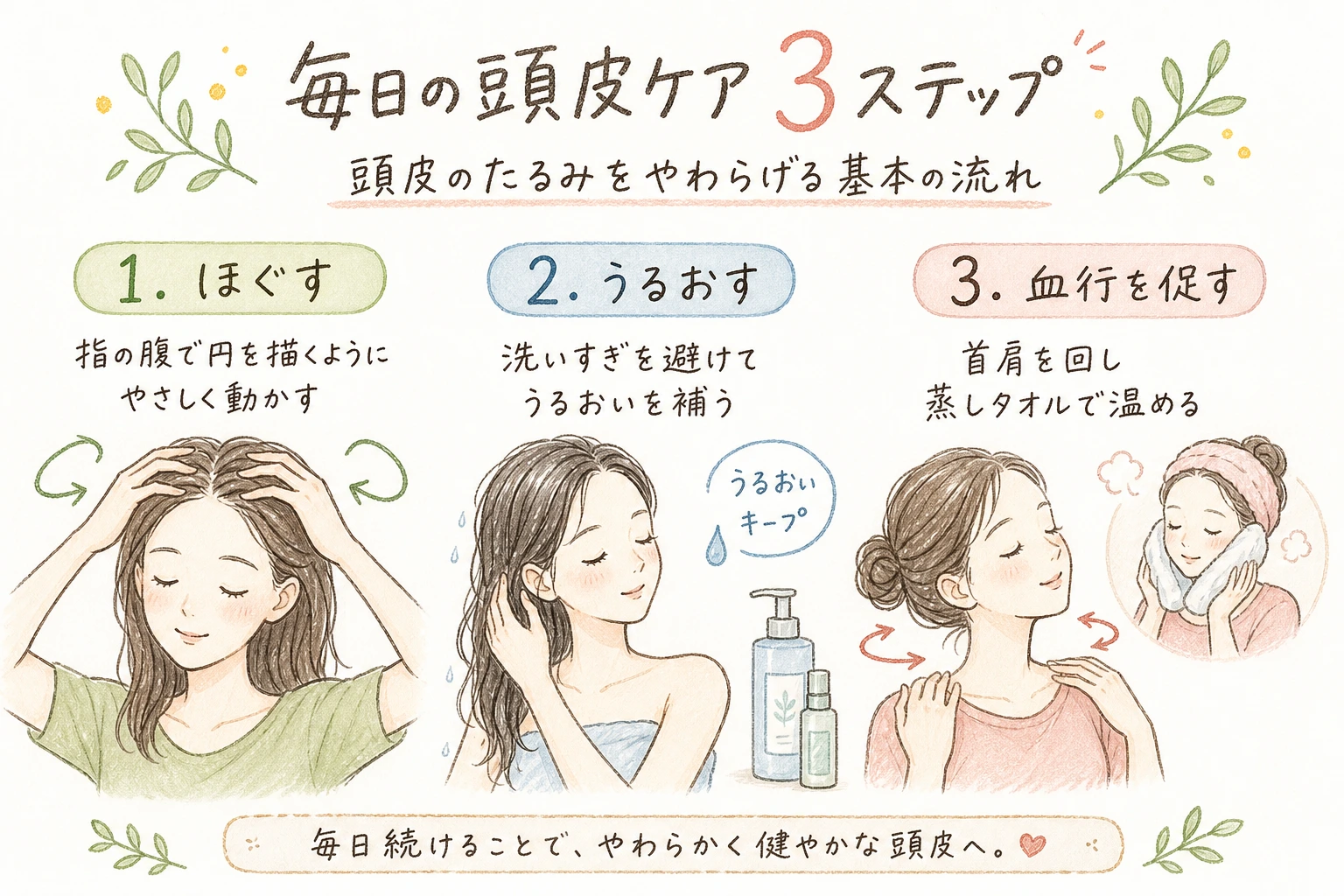 毎日の頭皮ケア3ステップ|頭皮のたるみをやわらげる基本の流れ