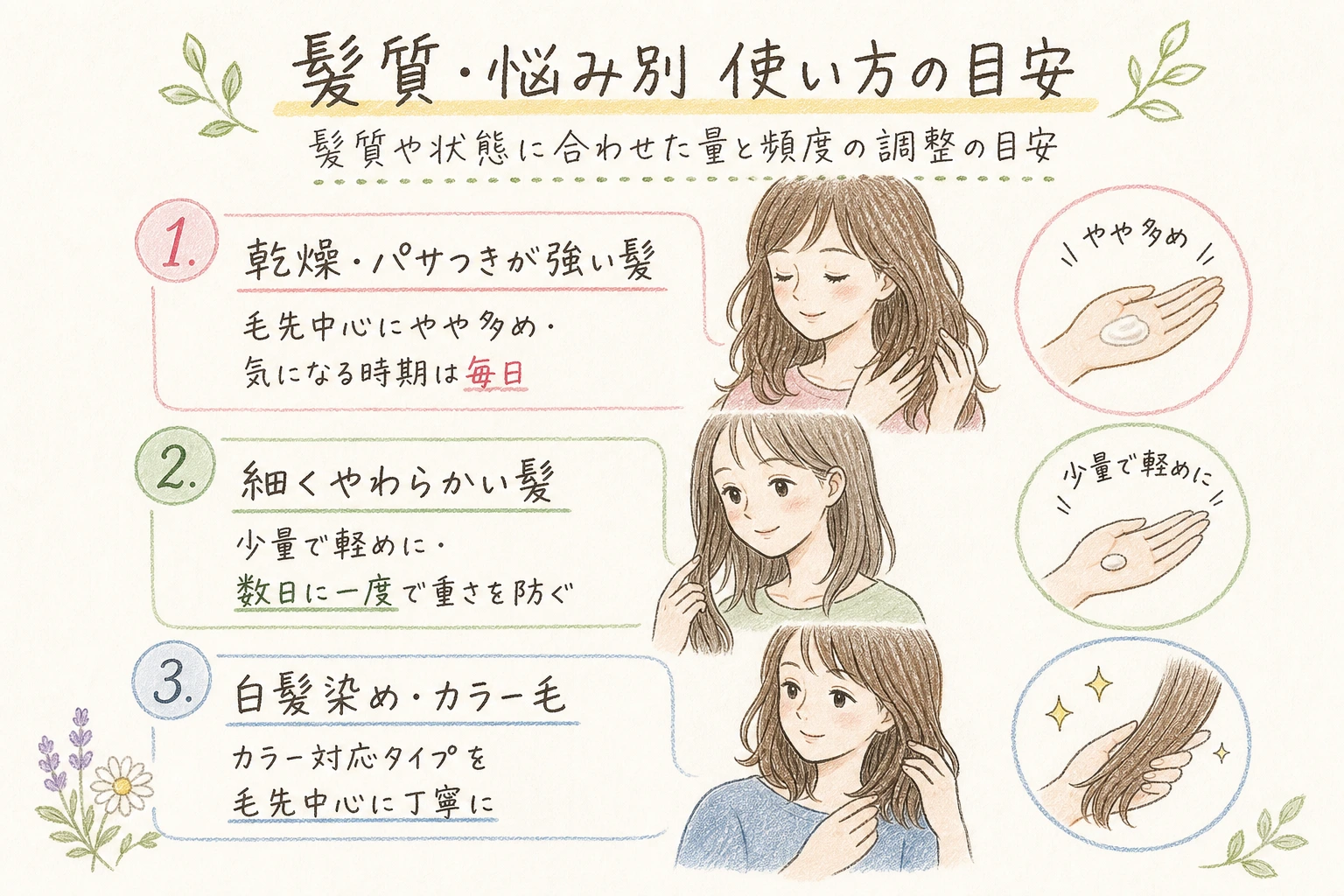 髪質・悩み別 使い方の目安|髪質や状態に合わせた量と頻度の調整の目安
