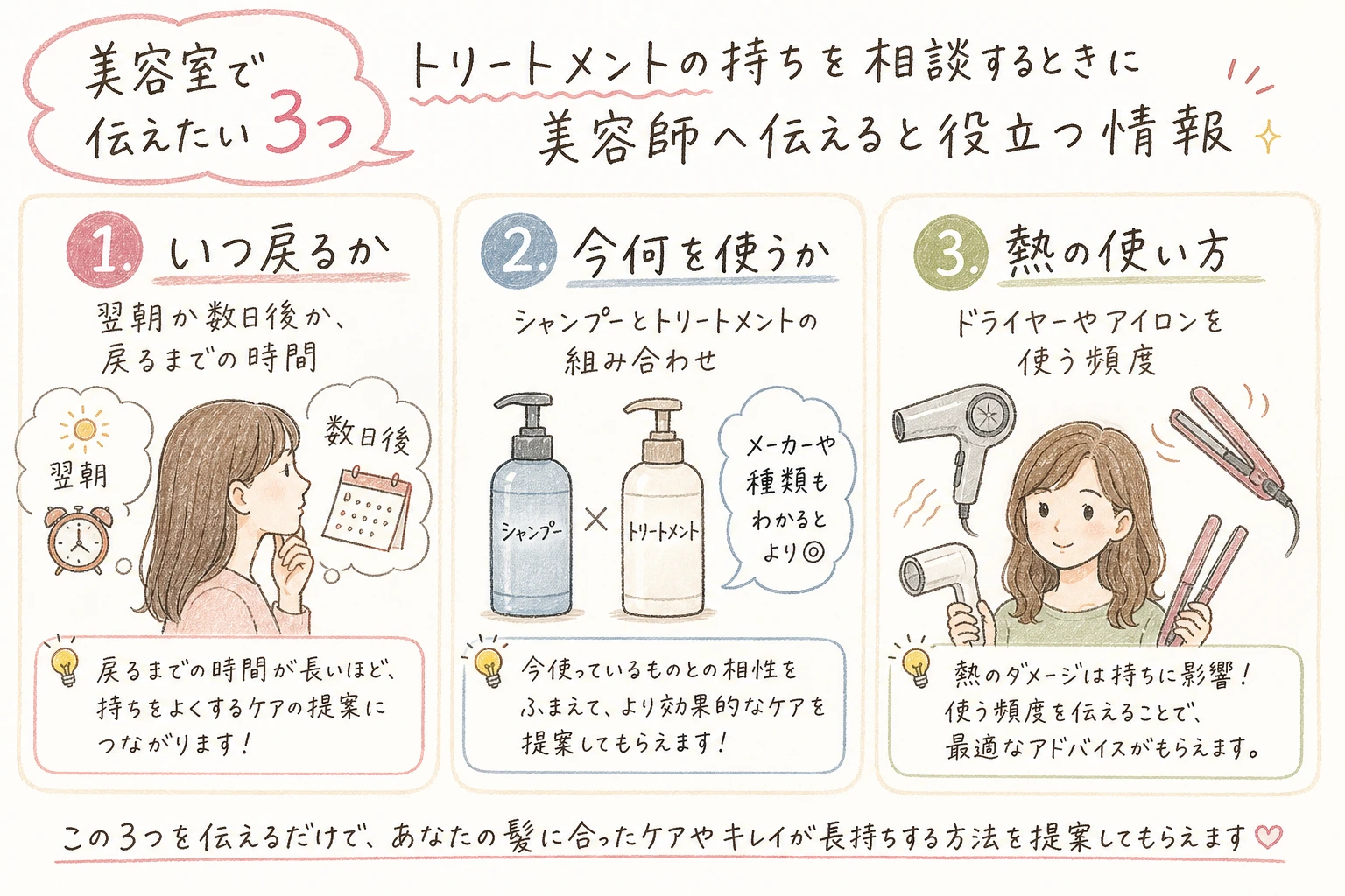 美容室で伝えたい3つ|トリートメントの持ちを相談するときに美容師へ伝えると役立つ情報