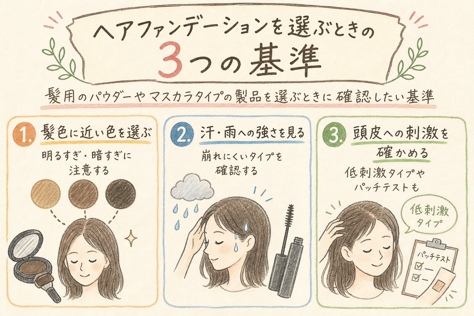 ヘアファンデーションを選ぶときの3つの基準|髪用のパウダーやマスカラタイプの製品を選ぶときに確認したい基準