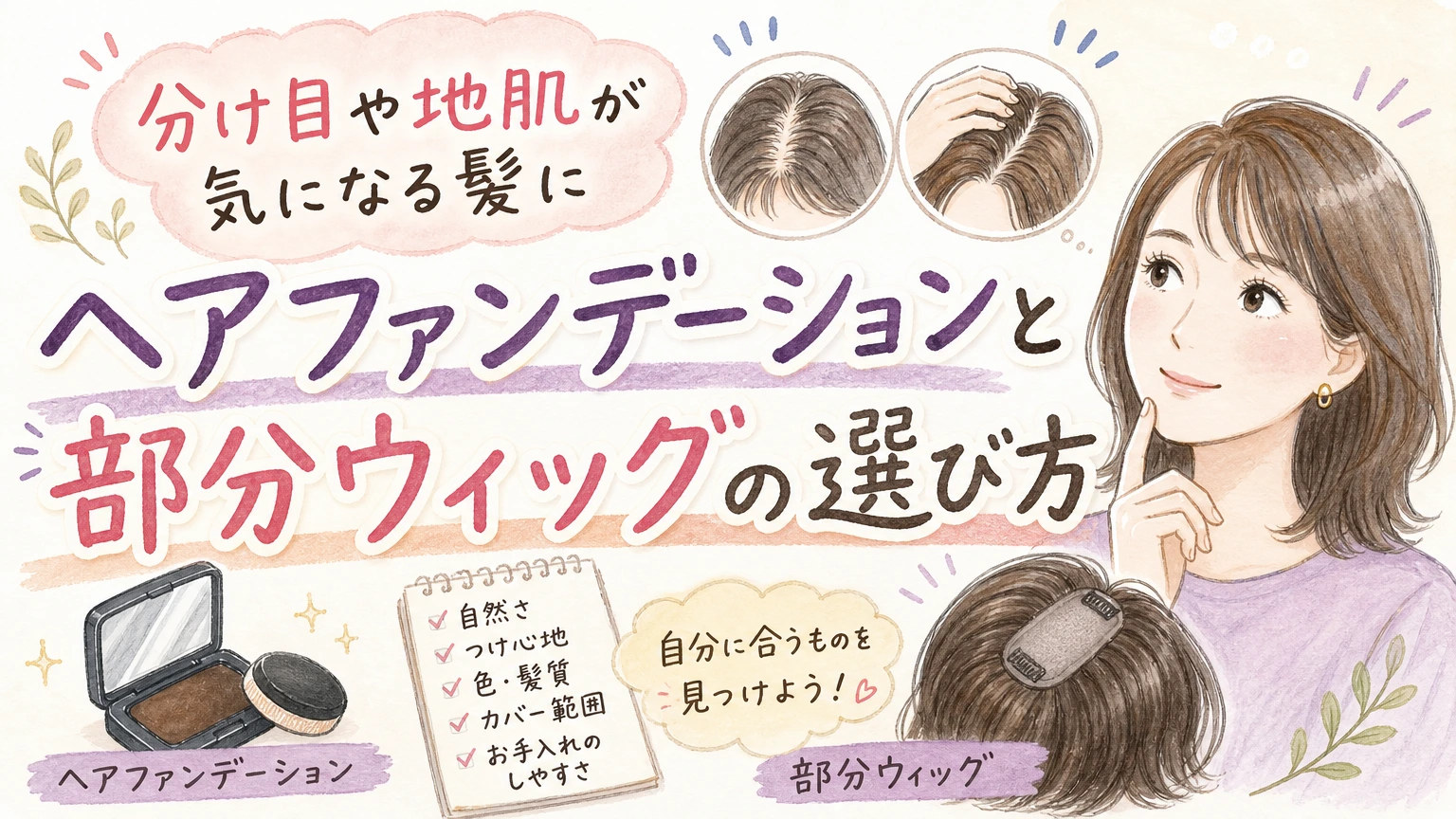 分け目や地肌の透けが気になる方へ|ヘアファンデーション・部分ウィッグの選び方の内容を示すアイソメトリック図解