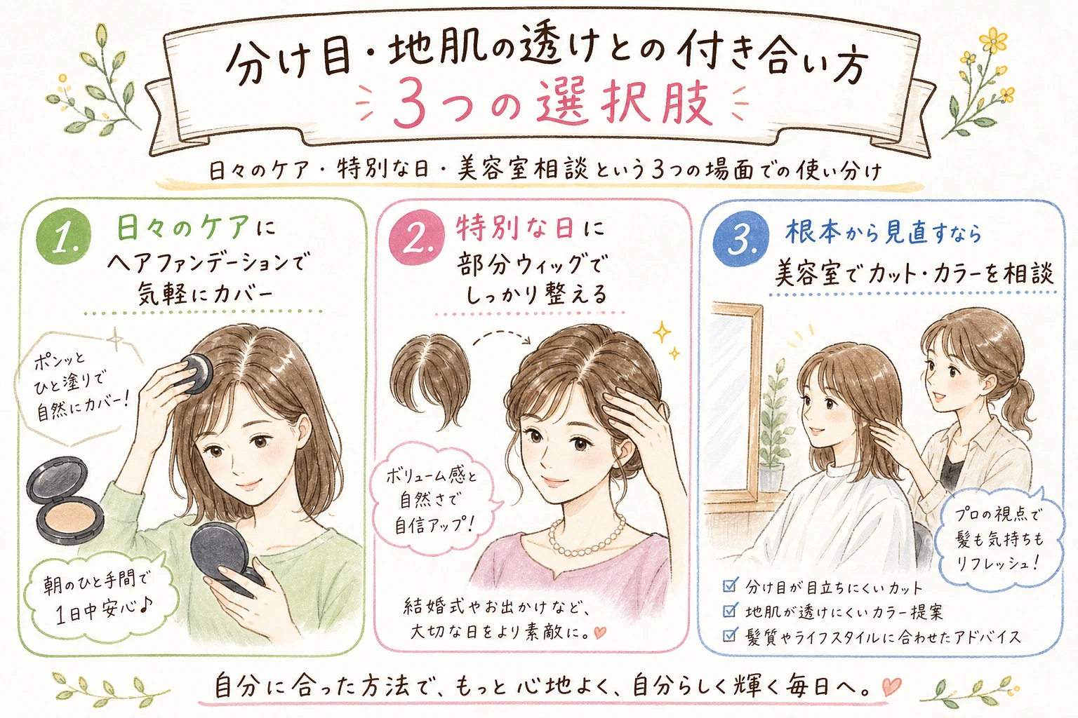 分け目・地肌の透けとの付き合い方 3つの選択肢|日々のケア・特別な日・美容室相談という3つの場面での使い分け