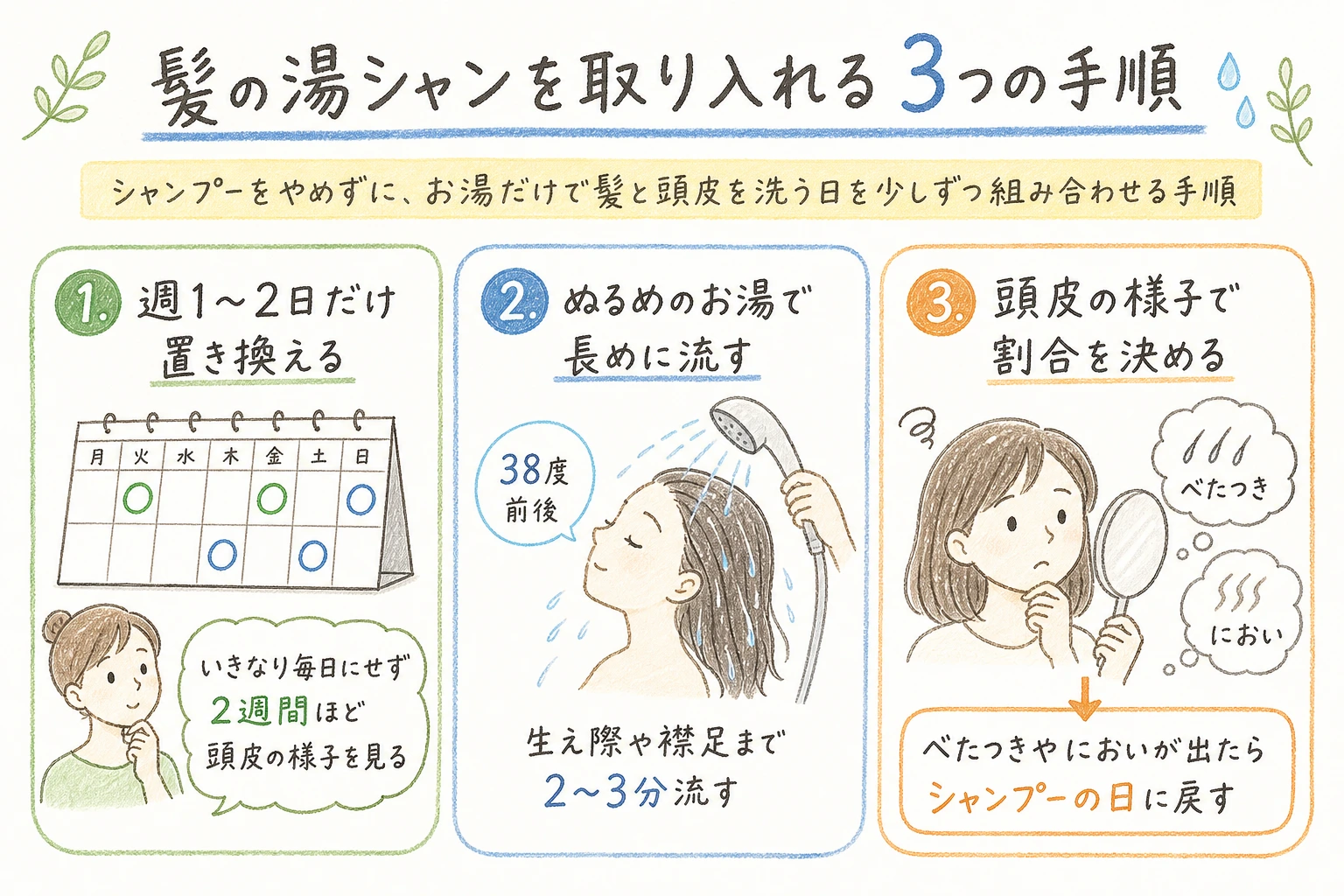 髪の湯シャンを取り入れる3つの手順|シャンプーをやめずに、お湯だけで髪と頭皮を洗う日を少しずつ組み合わせる手順