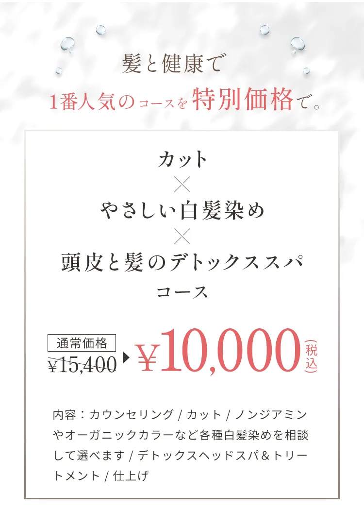 髪と健康で1番人気のコースを特別価格で。カット、やさしい白髪染め、頭皮と髪のデトックススパコース